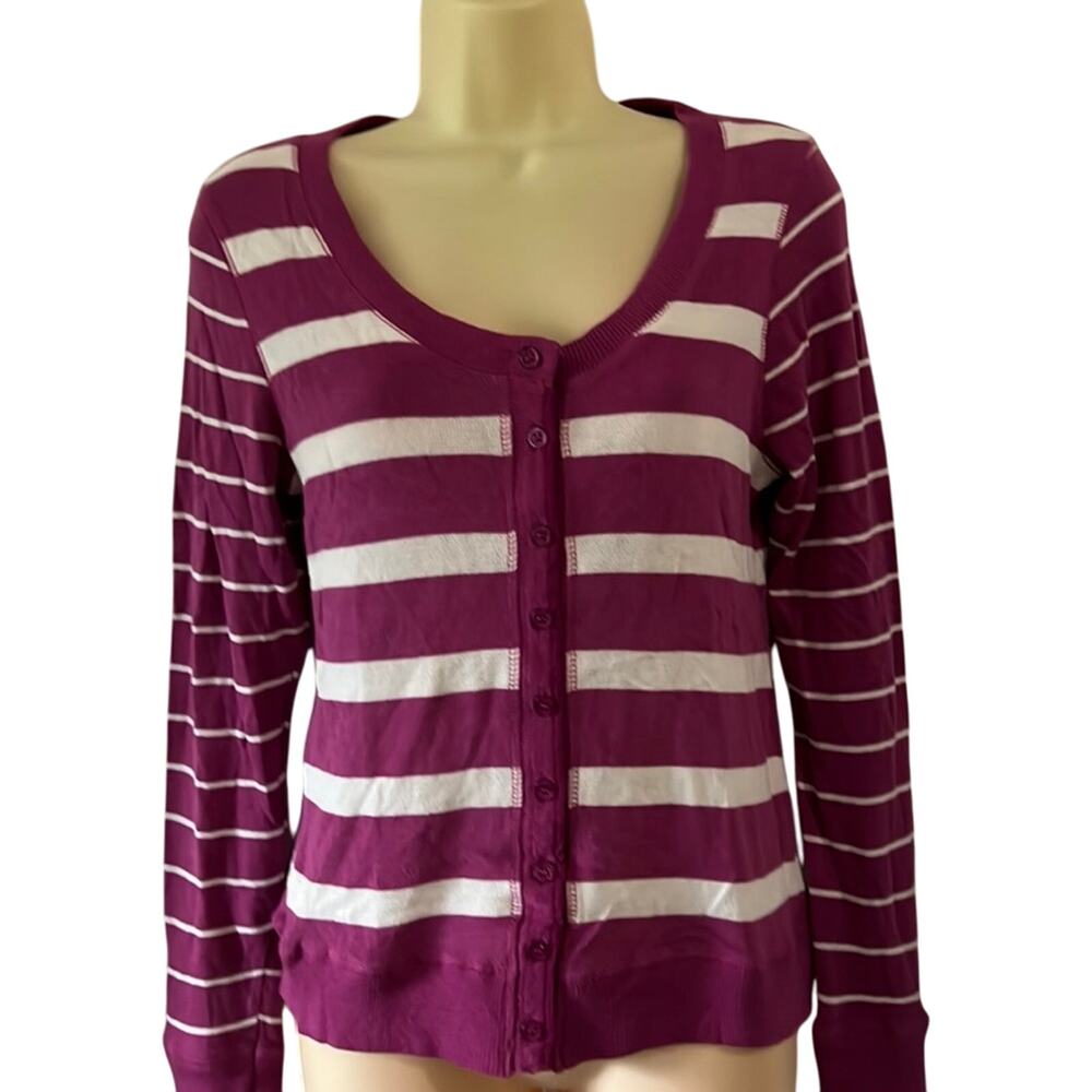 Poof Excellence M Raspberry & White Striped Knit Cardigan Top